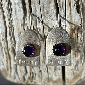 VINTAGE Handmade Sterling Silver Earrings, Amethyst Stones, Trust & Joy, Soulful